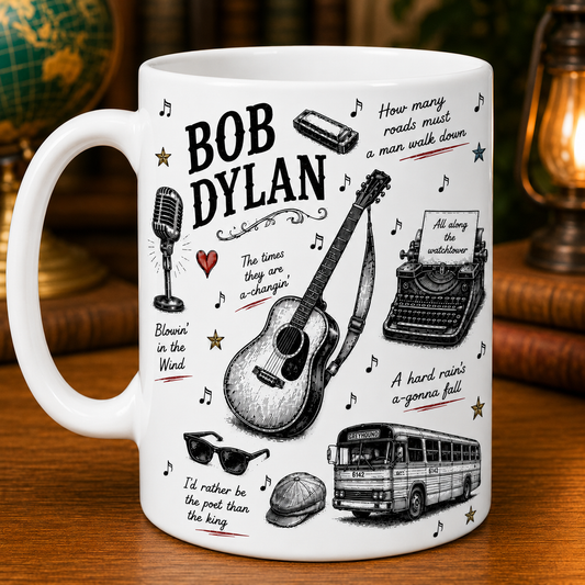 Bob Dylan Icon Collage Mug, Blowin’ in the Wind and The Times They Are A-Changin’ Coffee Cup, Folk Music Fan Gift
