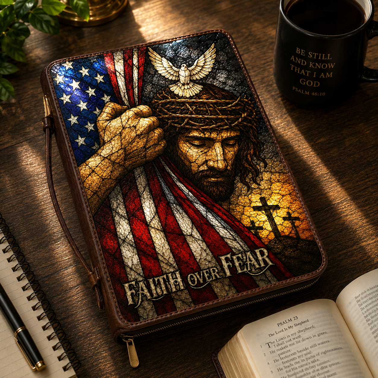 Faith Over Fear Christian Bible Cover Bag – Stained Glass Jesus American Flag Scripture Carrying Case