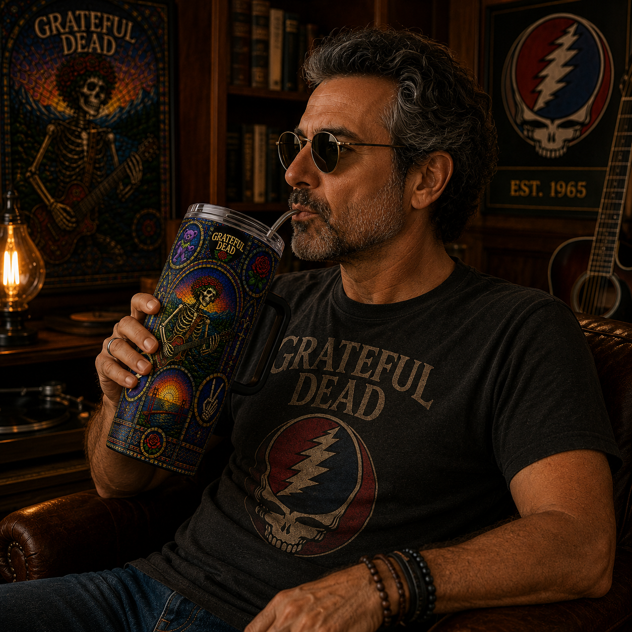 Grateful Dead Stained Glass Tumbler - 20oz & 40oz Stainless Steel Travel Mug Inspired by the Grateful Dead