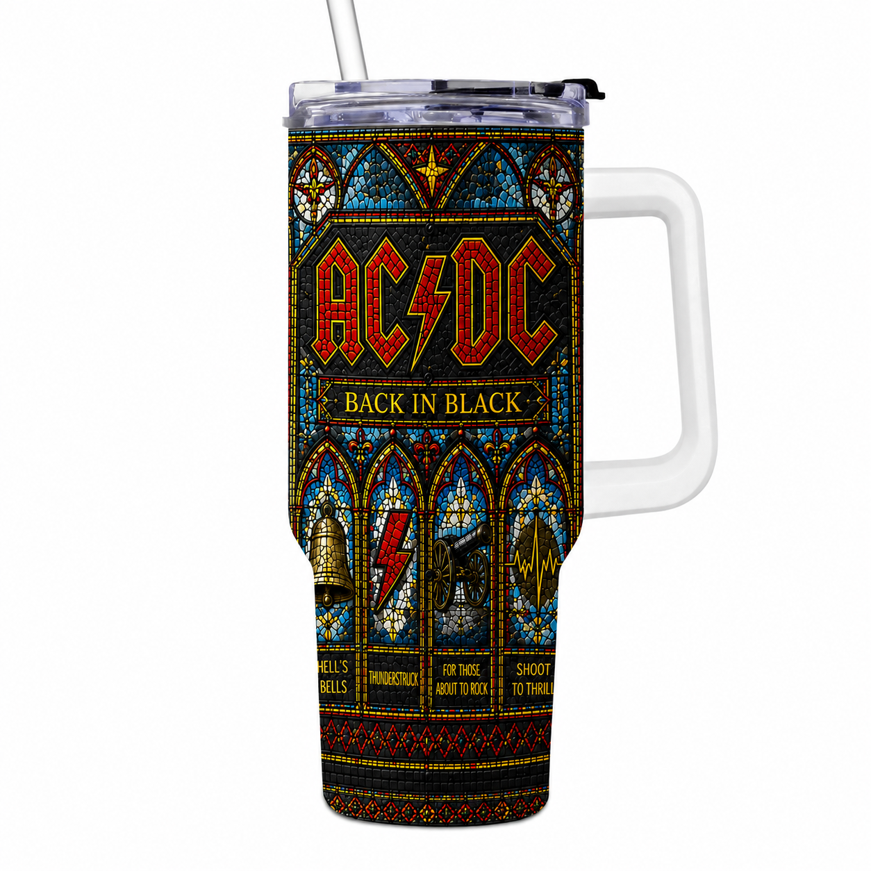 AC/DC Back in Black Stained Glass Tumbler - 20oz & 40oz Stainless Steel Travel Mug for Classic Rock Fans