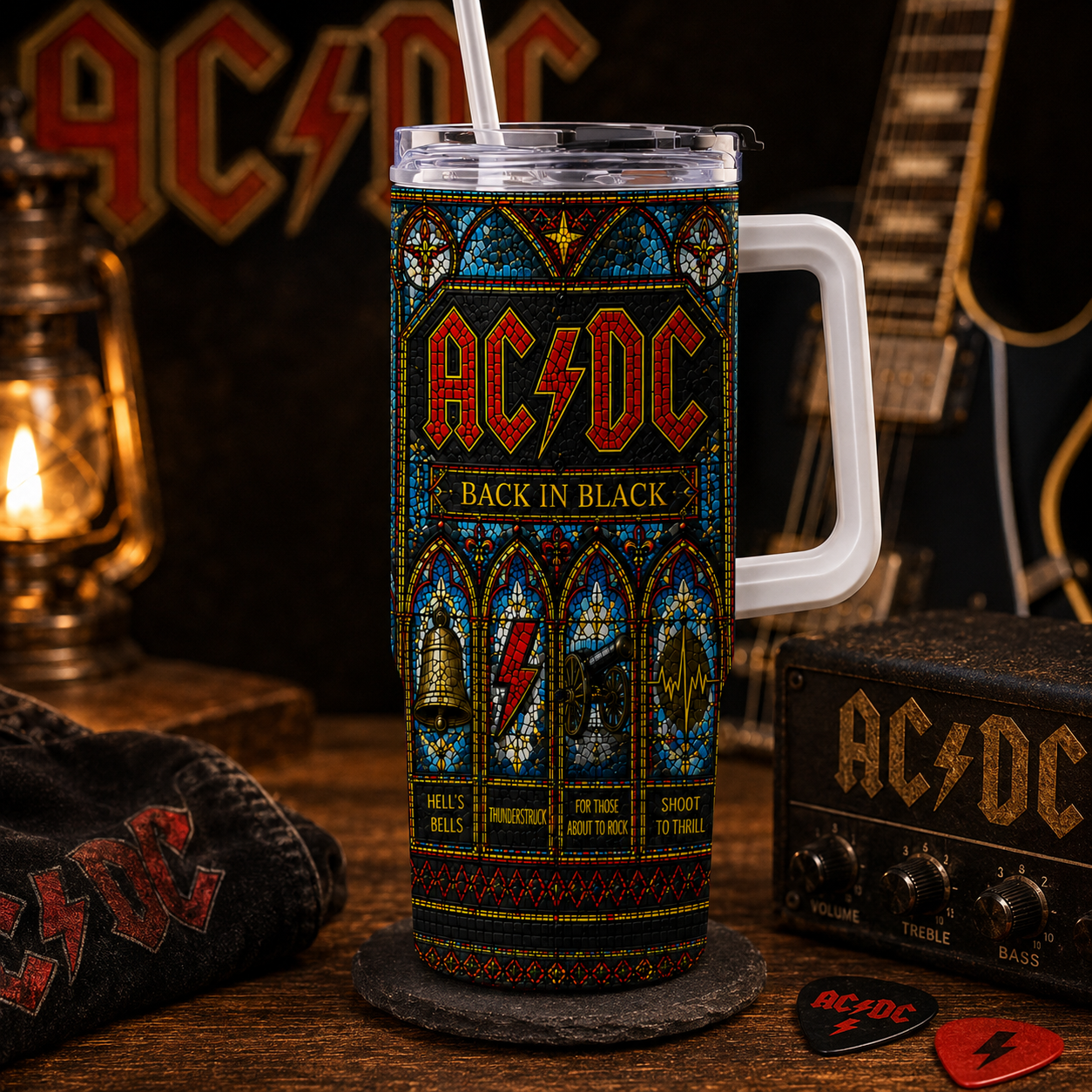 AC/DC Back in Black Stained Glass Tumbler - 20oz & 40oz Stainless Steel Travel Mug for Classic Rock Fans
