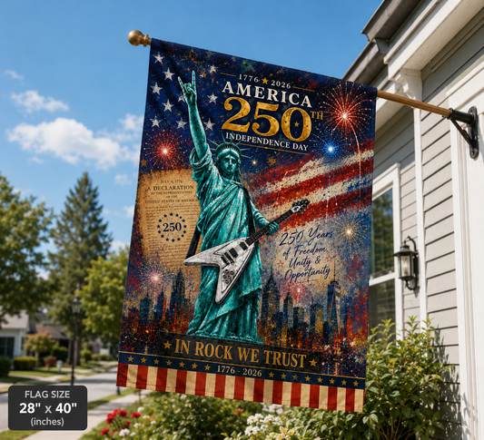 America 250th Independence House Flag – In Rock We Trust Patriotic Guitar 1776–2026