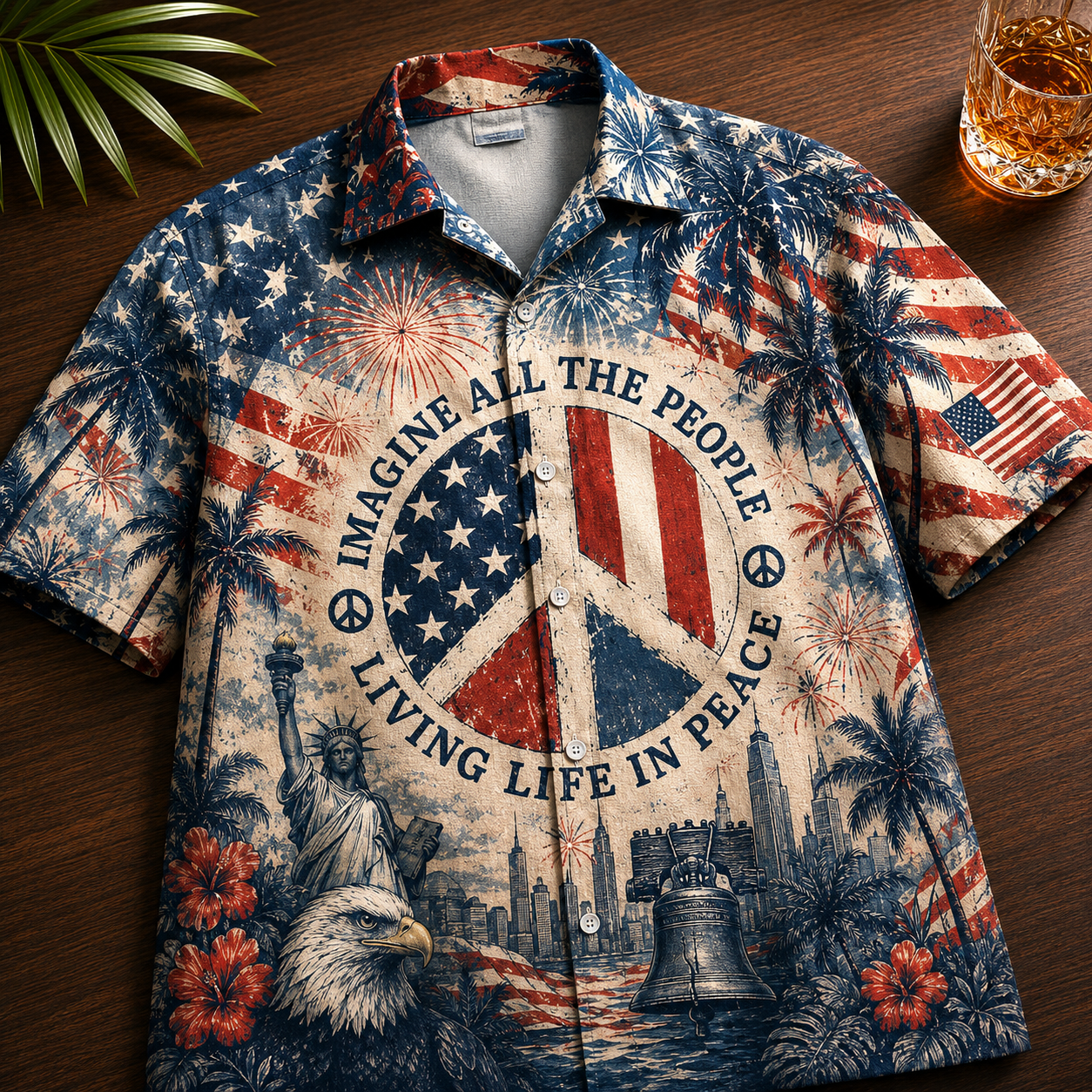 Imagine All The People Living Life In Peace Hawaiian Shirt – Patriotic Peace Sign Independence Day AOP Shirt