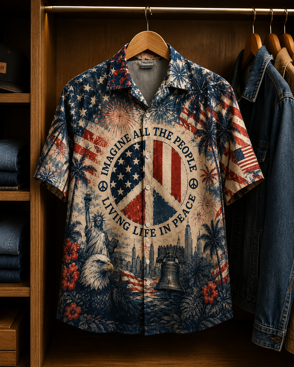 Imagine All The People Living Life In Peace Hawaiian Shirt – Patriotic Peace Sign Independence Day AOP Shirt