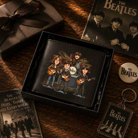 The Beatles Cartoon Band Wallet – Vintage Rock Band Leather Bifold Wallet for Fans (With Box)