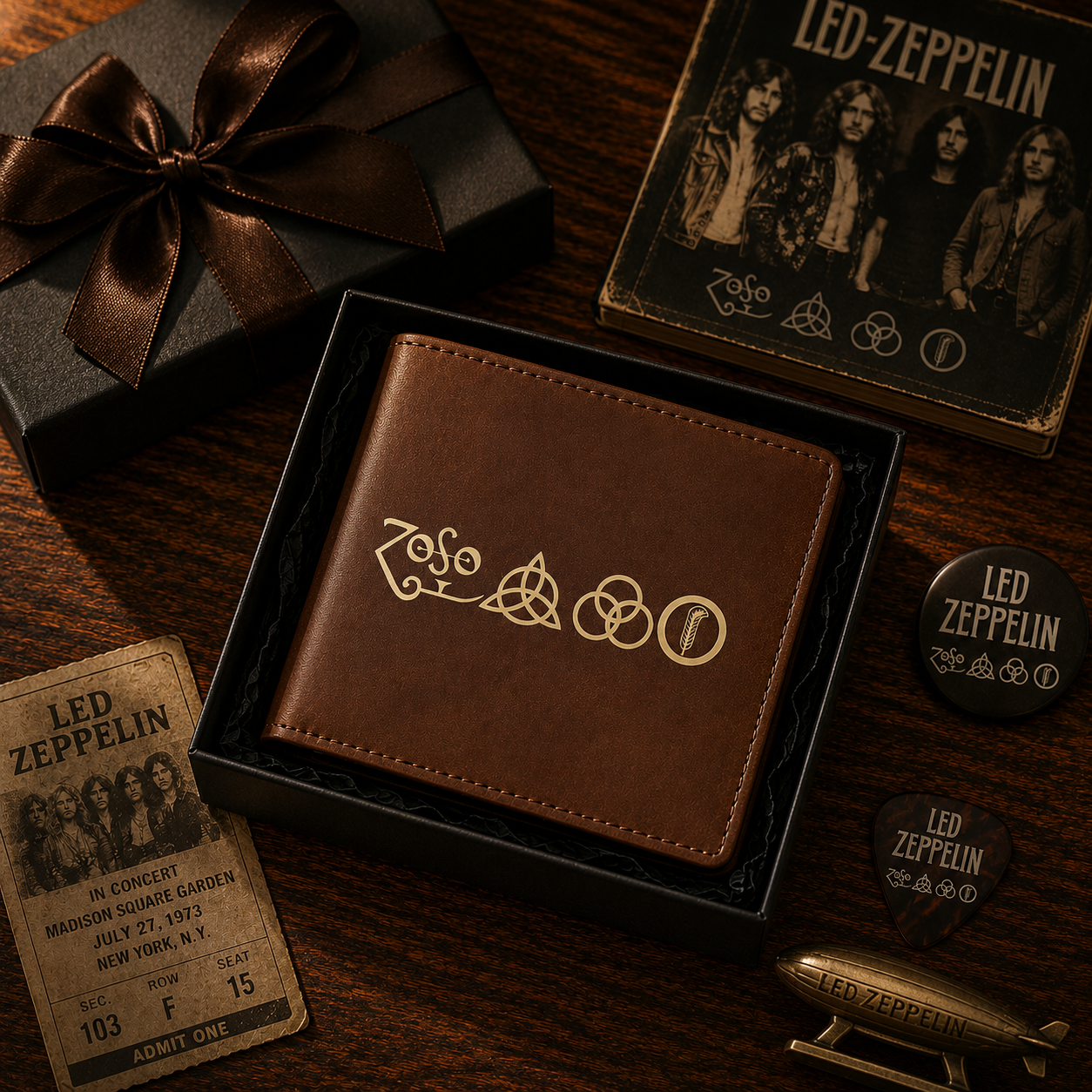 Led Zeppelin Symbols Wallet – Minimalist Classic Rock Leather Bifold Wallet (With Box)