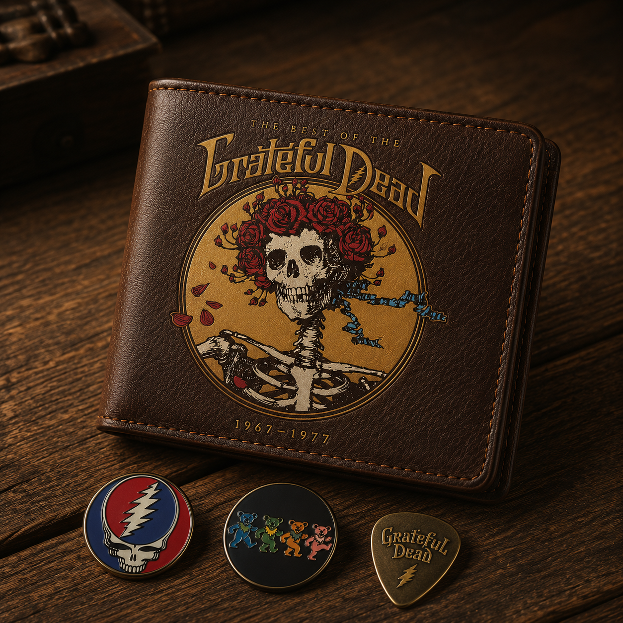 Grateful Dead Skull & Roses Wallet – Psychedelic Rock Inspired Leather Wallet (With Box)