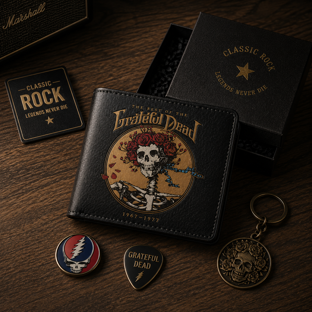Grateful Dead Skull & Roses Wallet – Psychedelic Rock Inspired Leather Wallet (With Box)