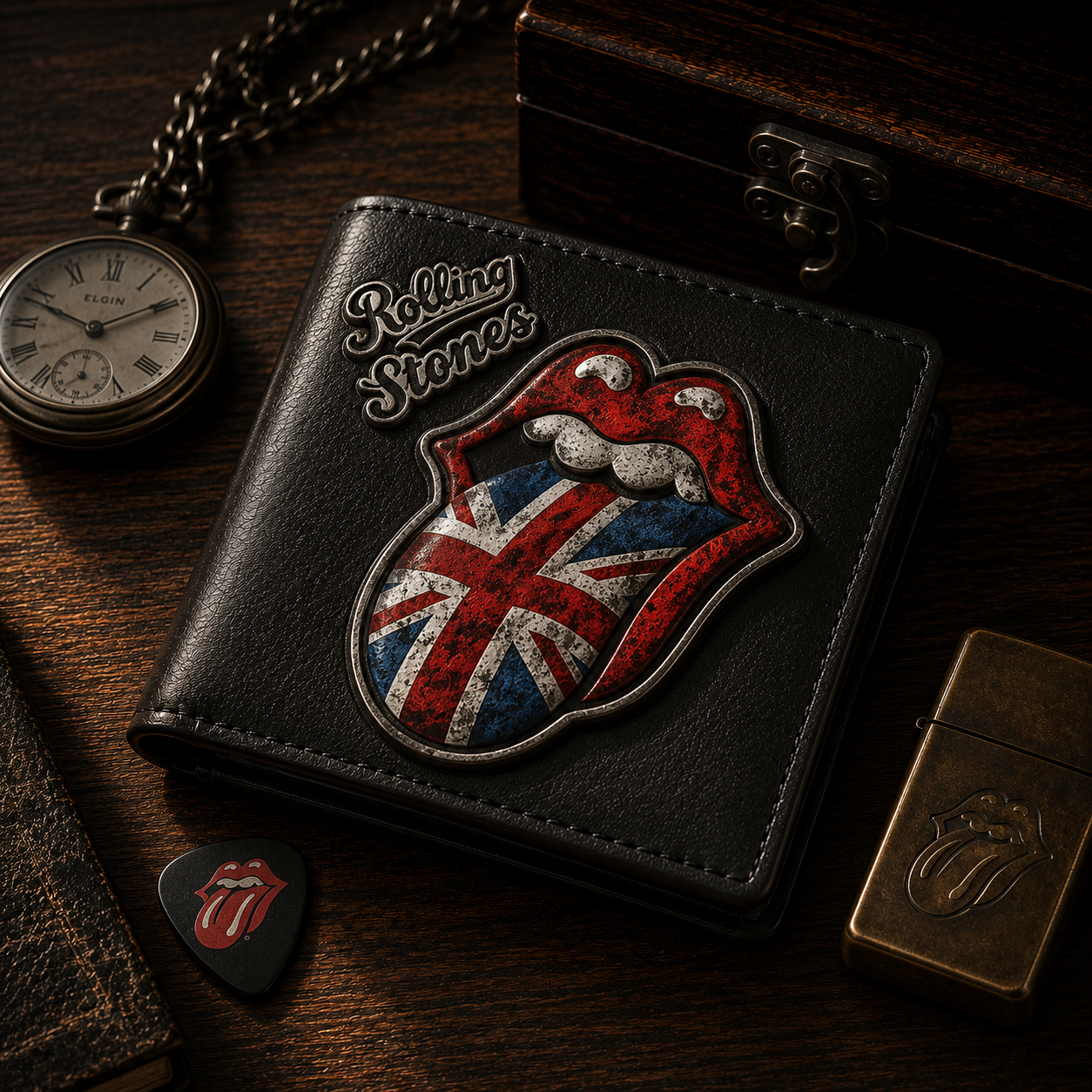 Rolling Stones Union Jack Tongue Leather Wallet With Box – Classic British Rock Fan Gift