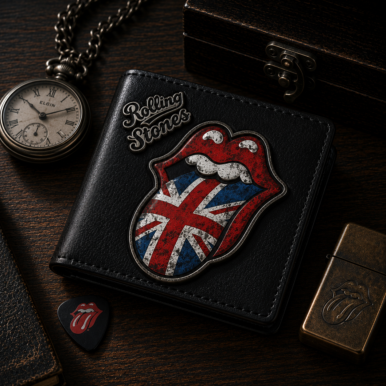 Rolling Stones Union Jack Tongue Leather Wallet With Box – Classic British Rock Fan Gift