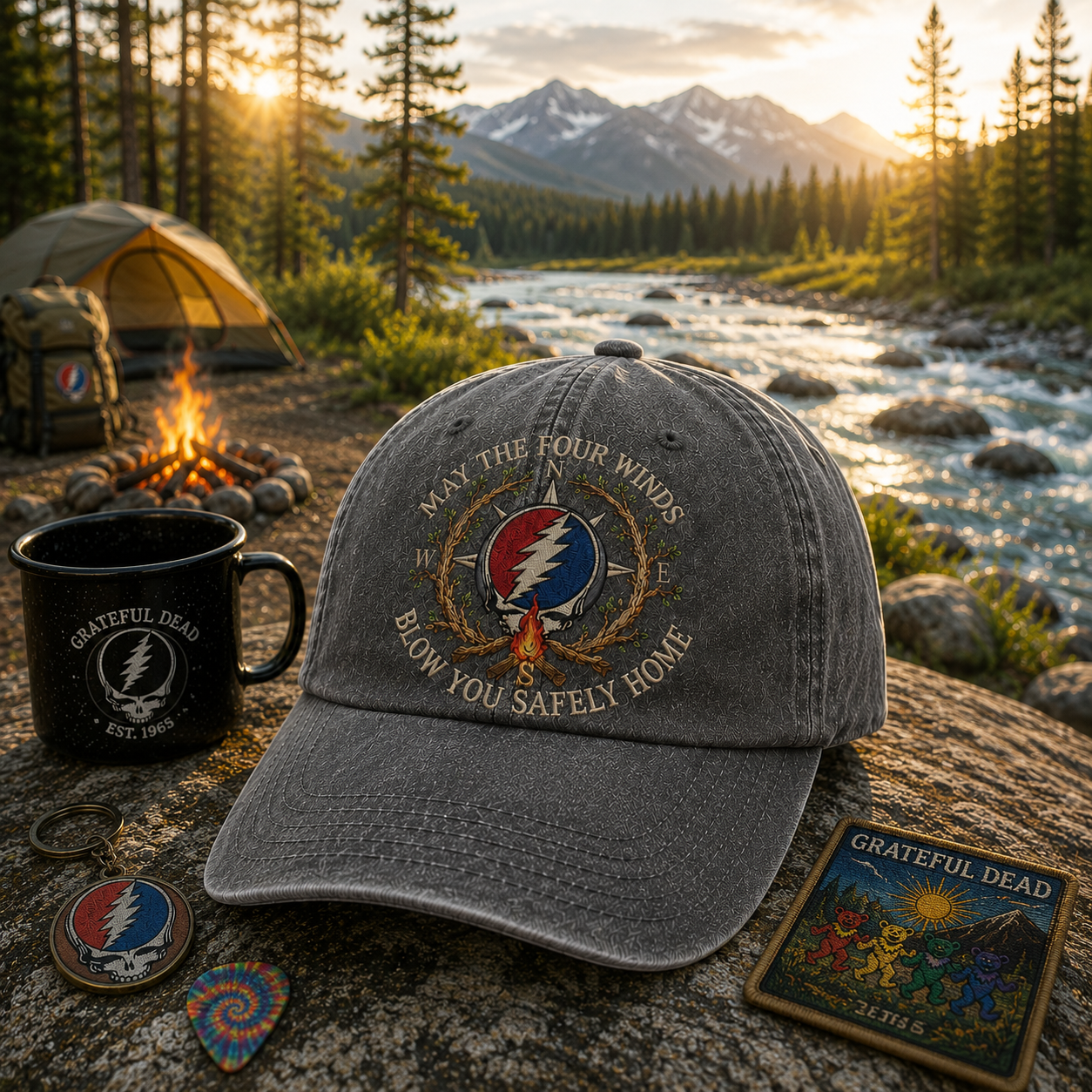 Grateful Dead May The Four Winds Blow You Safely Home Vintage Dad Hat – Deadhead Camping Cap Gift