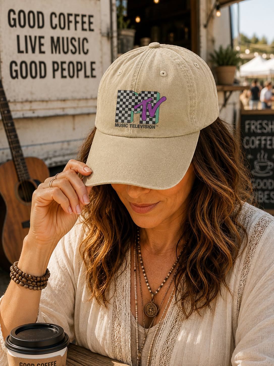 MTV Checkerboard Logo Cap – Vintage Washed Hat, Retro 80s Music Television Streetwear Hat (With Box)