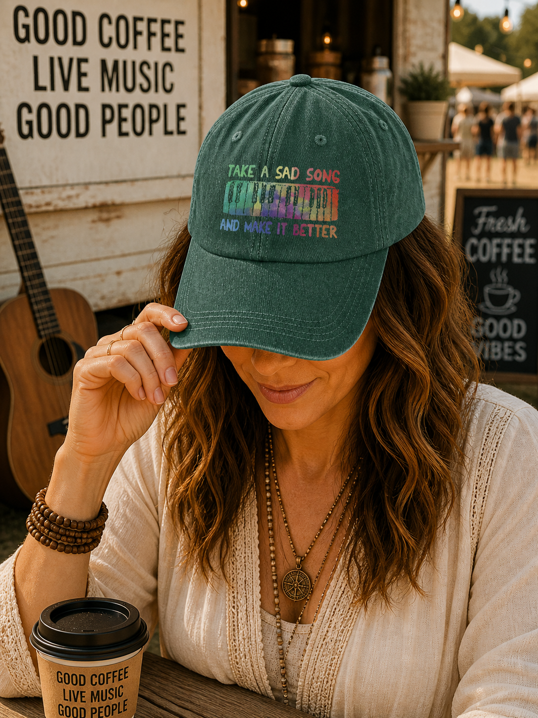 Take A Sad Song Piano Cap – Vintage Blue Dad Hat, Retro Music Quote Minimalist Piano Hat (With Box)