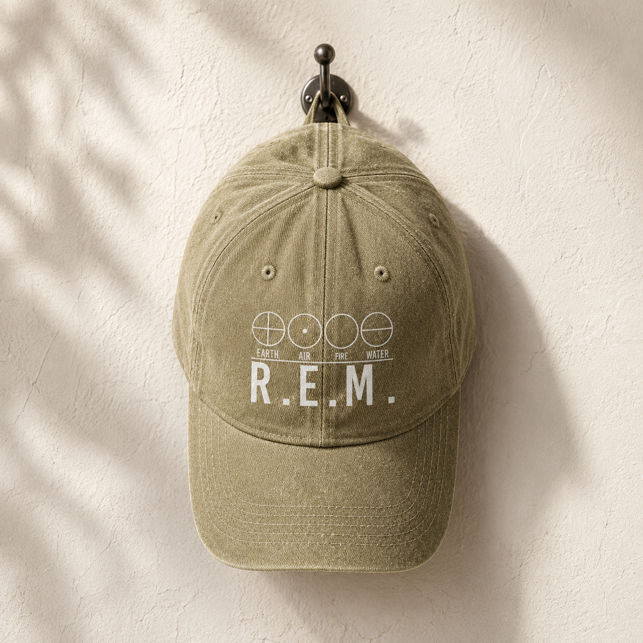 R.E.M Elements Logo Cap – Vintage Washed Black Denim Dad Hat, Earth Air Fire Water Minimalist Band Hat (With Box)
