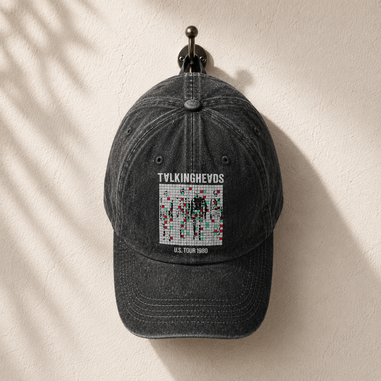Talking Heads US Tour 1980 Cap – Vintage Washed Black Denim Dad Hat, Glitch Graphic Retro Band Hat (With Box)