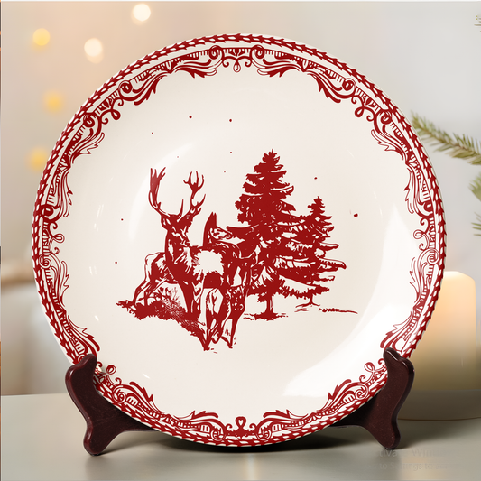 Winter Deer & Pine Forest Decorative Ceramic Plate