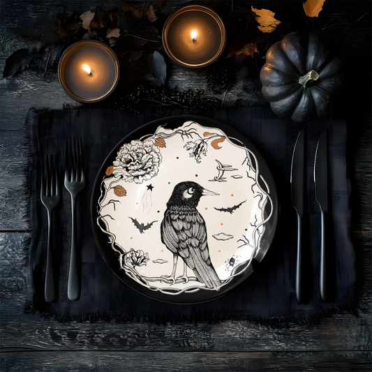 Mystic Raven Decorative Ceramic Plate – Gothic Nature & Moonlit Design