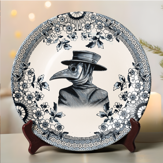 Plague Doctor Decorative Ceramic Plate – Gothic Vintage Floral Design