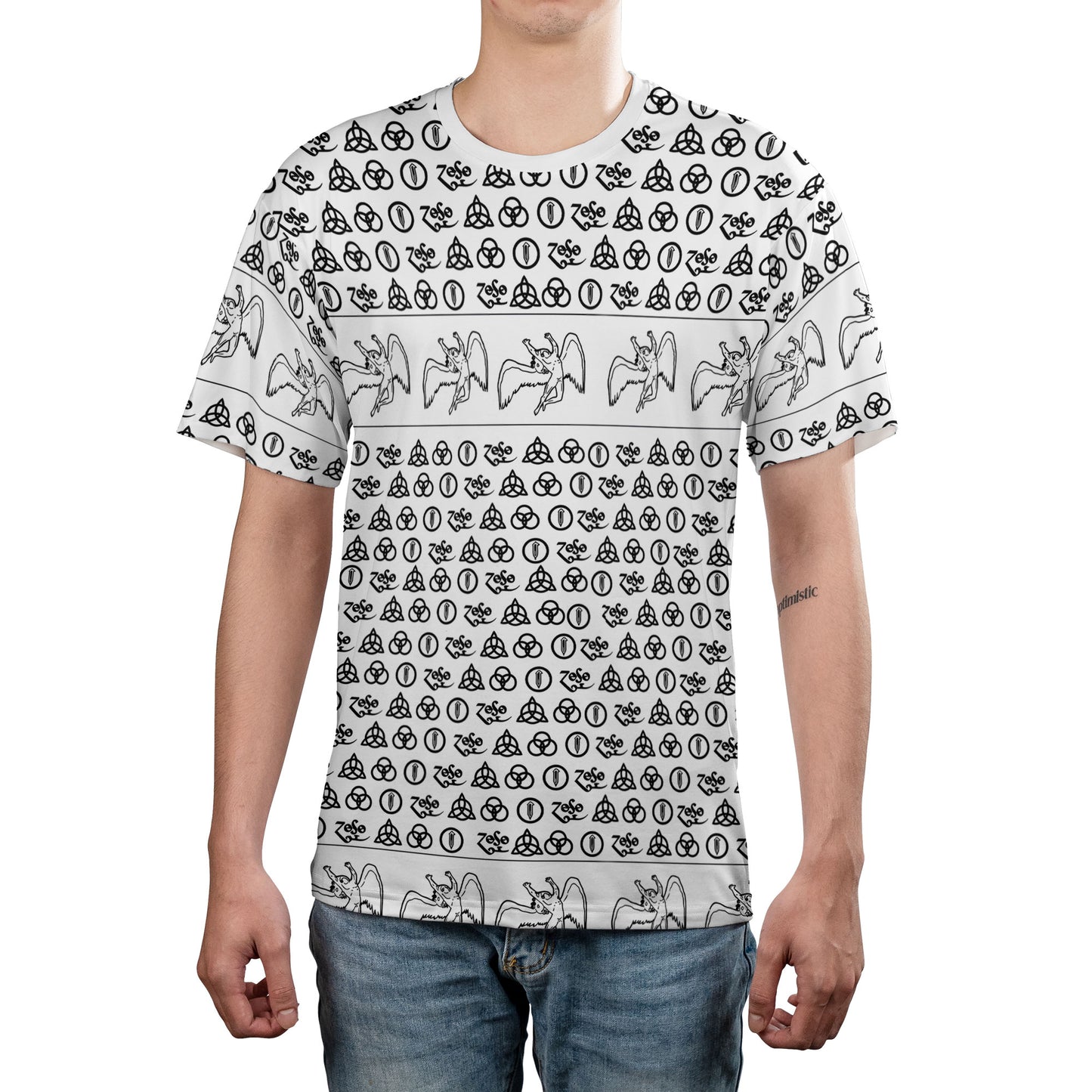 Led Zeppelin Four Symbols All Over Print Graphic T-Shirt – Retro Rock Metal Music Fan Merch Tee