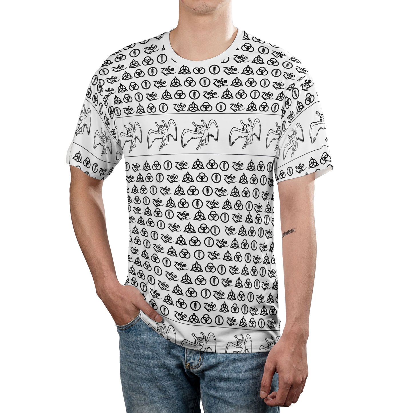 Led Zeppelin Four Symbols All Over Print Graphic T-Shirt – Retro Rock Metal Music Fan Merch Tee