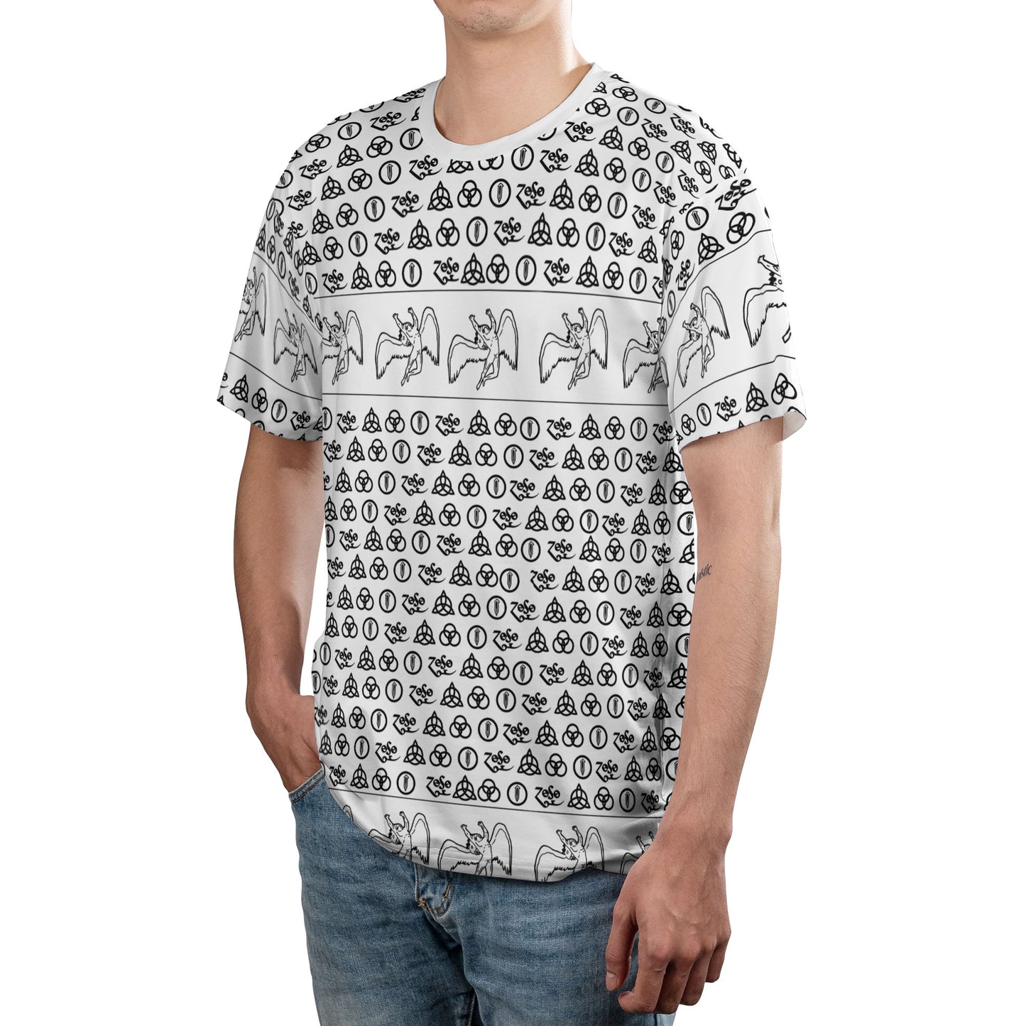 Led Zeppelin Four Symbols All Over Print Graphic T-Shirt – Retro Rock Metal Music Fan Merch Tee