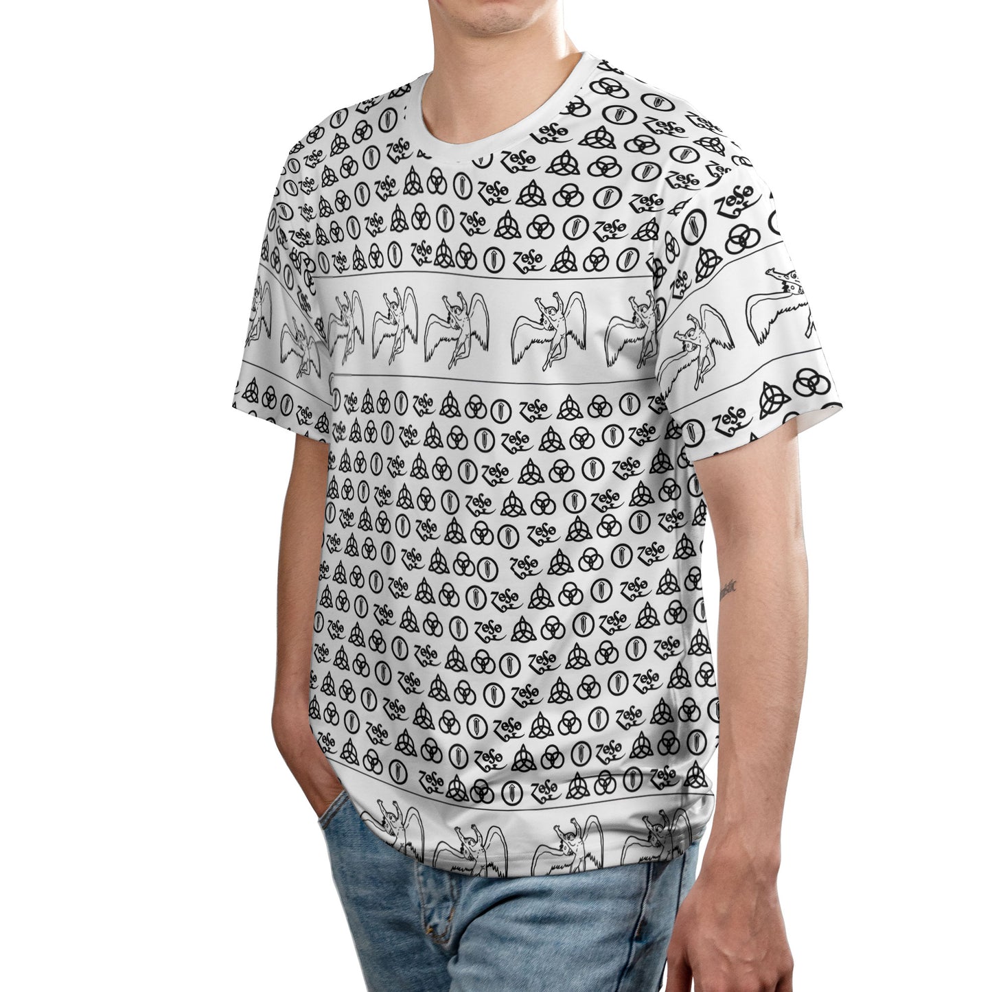 Led Zeppelin Four Symbols All Over Print Graphic T-Shirt – Retro Rock Metal Music Fan Merch Tee