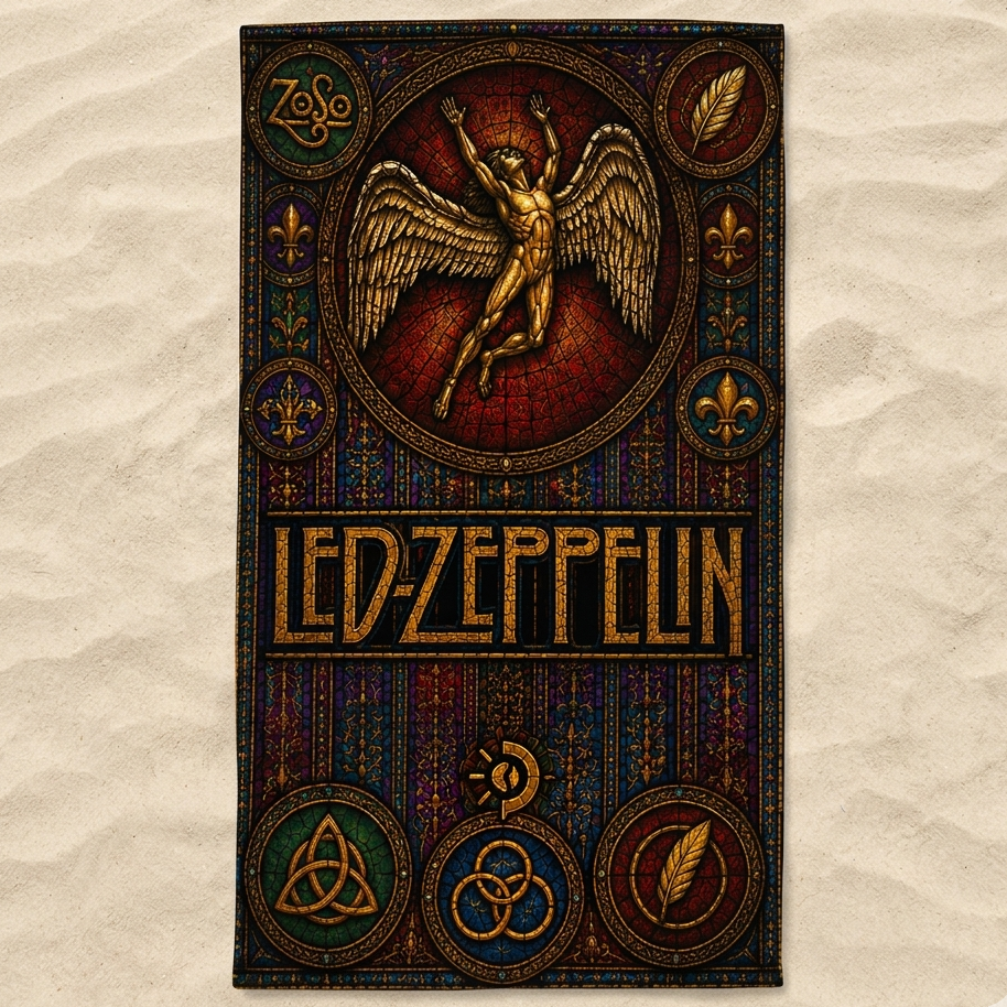 Led Zeppelin Stained Glass Beach Towel – Vintage Rock Band Oversized Sand-Free Towel, Gothic Angel Art Pool & Beach Blanket