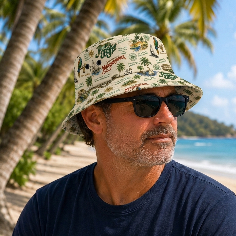 Jimmy Buffett Inspired Margaritaville Bucket Hat – Tropical Island Paradise All-Over Print Sun Hat for Beach & Summer Adventures