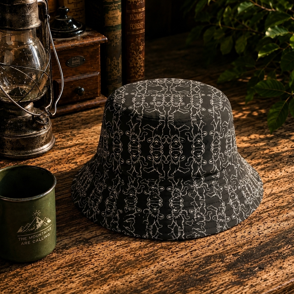 Dancing Bear Bucket Hat – Black & White Psychedelic Jam Band Inspired Festival Hat, Minimalist All-Over Print Sun Hat