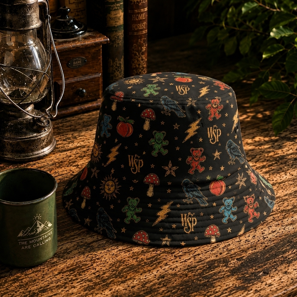 Widespread Panic Inspired Bucket Hat – Psychedelic Bears, Ravens & Mushrooms Festival Hat, All-Over Print Boho Outdoor Sun Hat