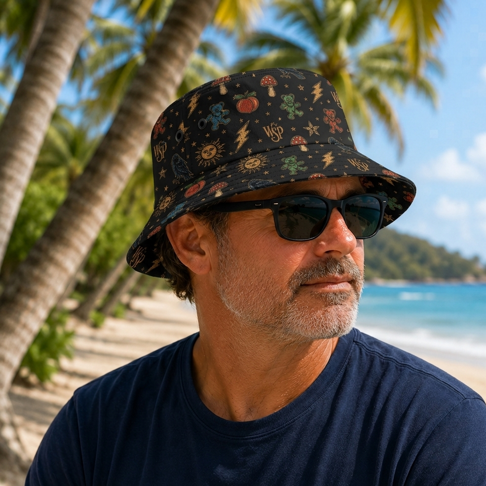 Widespread Panic Inspired Bucket Hat – Psychedelic Bears, Ravens & Mushrooms Festival Hat, All-Over Print Boho Outdoor Sun Hat