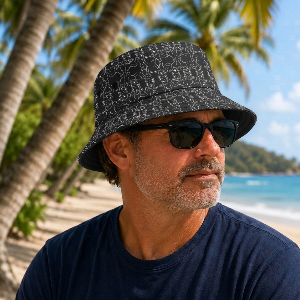 Dancing Bear Bucket Hat – Black & White Psychedelic Jam Band Inspired Festival Hat, Minimalist All-Over Print Sun Hat