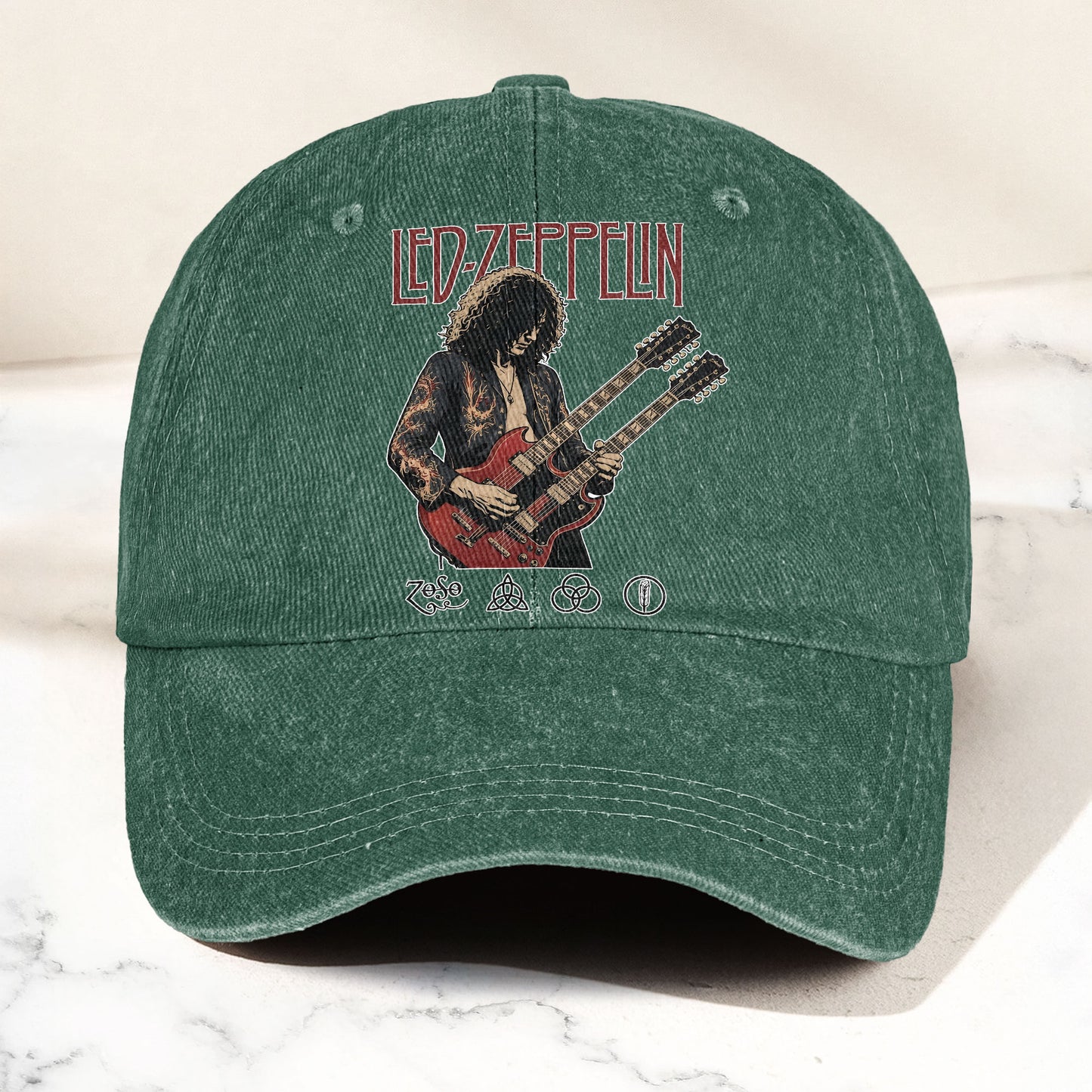 Led Zeppelin Jimmy Page Double Neck Guitar Zoso Music Merch Denim Cap – Retro Vintage Dad Cap Gift For Dad (With Box)