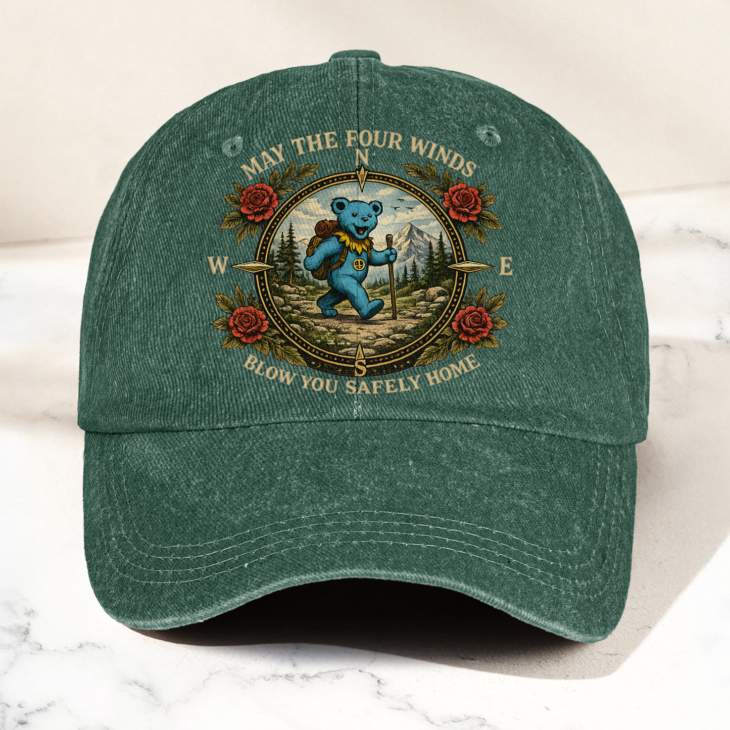 Grateful Dead Franklin's Tower May The Four Winds Blow You Safely Home Blue Dancing Bear Hiking Denim Cap – Retro Vintage Dad Cap Gift For Dad (With Box)
