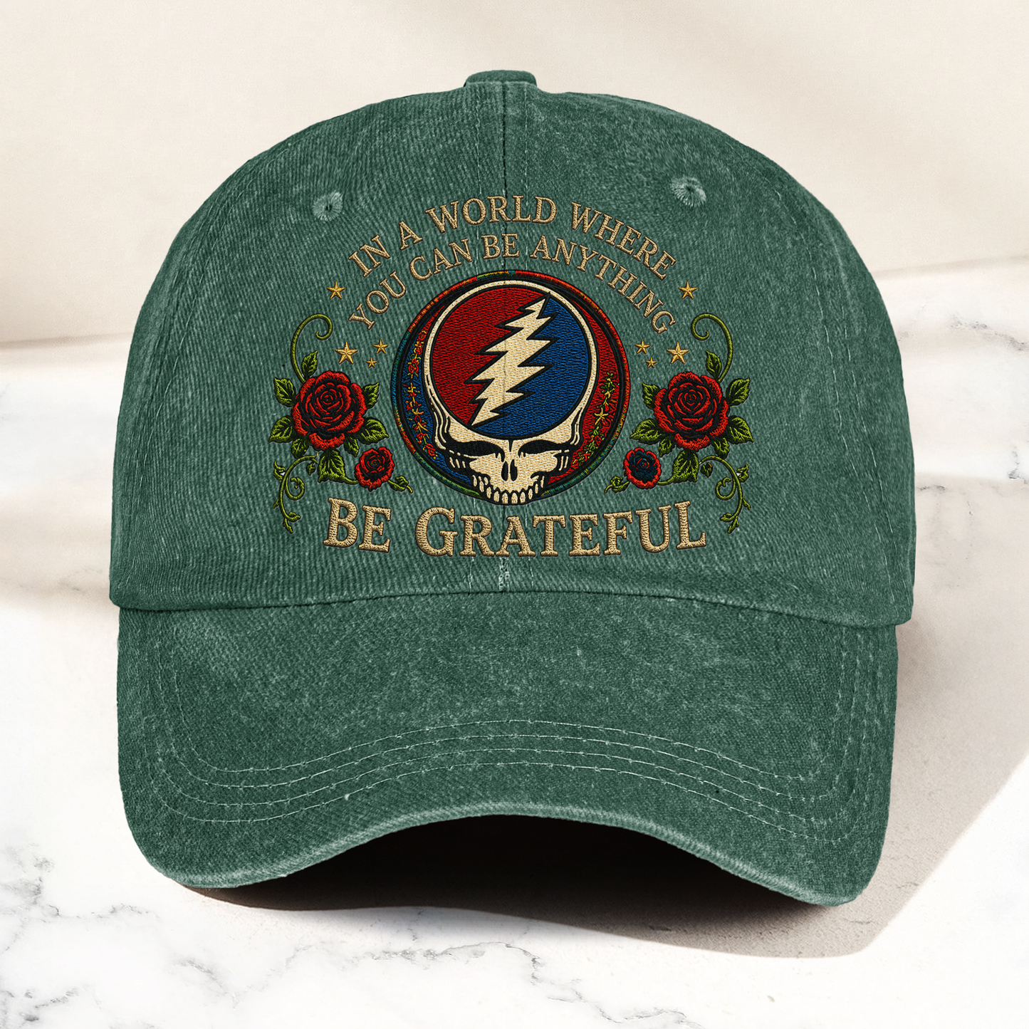 Grateful Dead Be Grateful Steal Your Face Lightning Skull Denim Cap – Retro Vintage Dad Cap Gift For Dad (With Box)