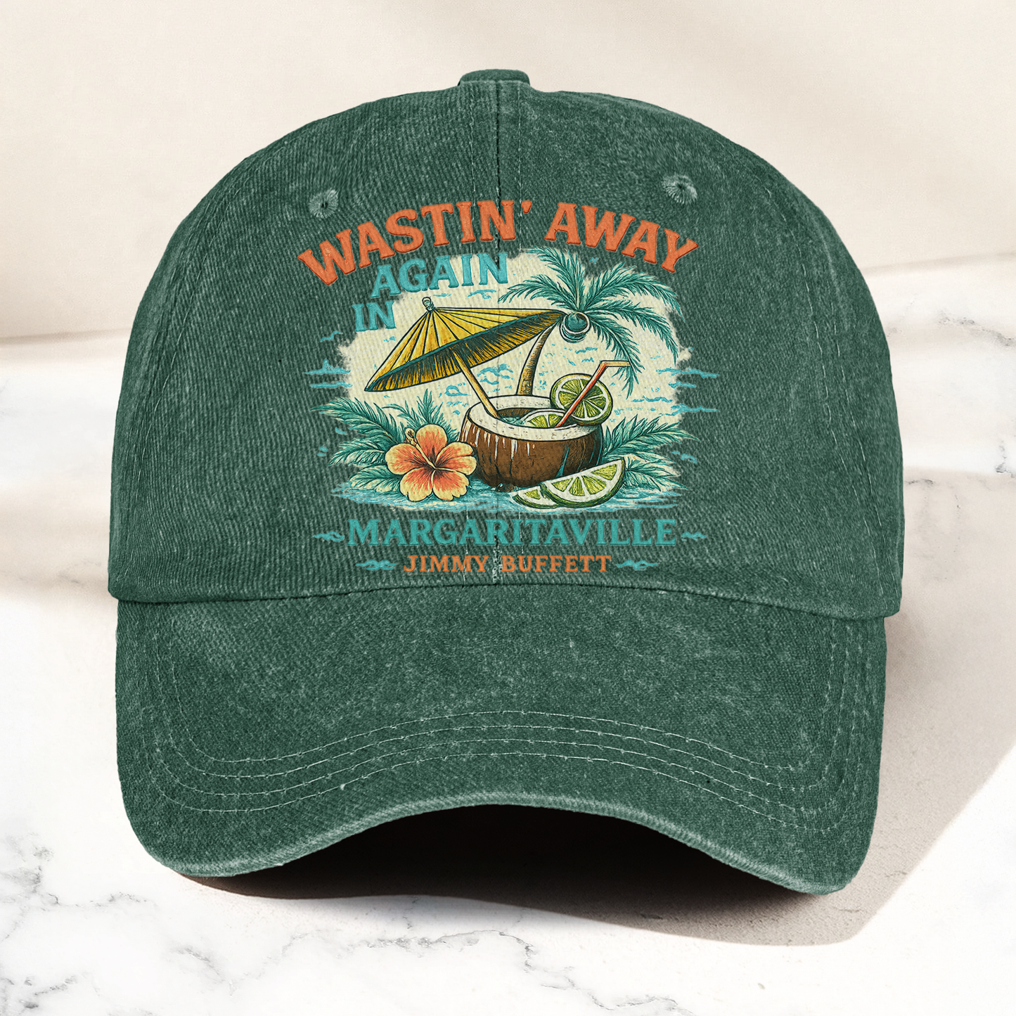 Jimmy Buffett Margaritaville Wastin Away Again Tropical Cocktail Beach Denim Cap – Retro Vintage Dad Cap Gift For Dad (With Box)