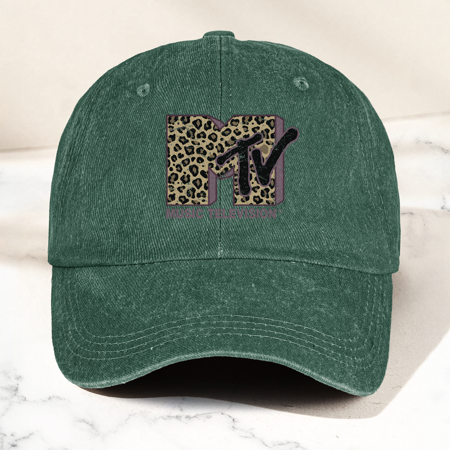 MTV Pink Leopard Logo Cap – Vintage Washed Hat, Retro Music Television Aesthetic Streetwear Hat (With Box)