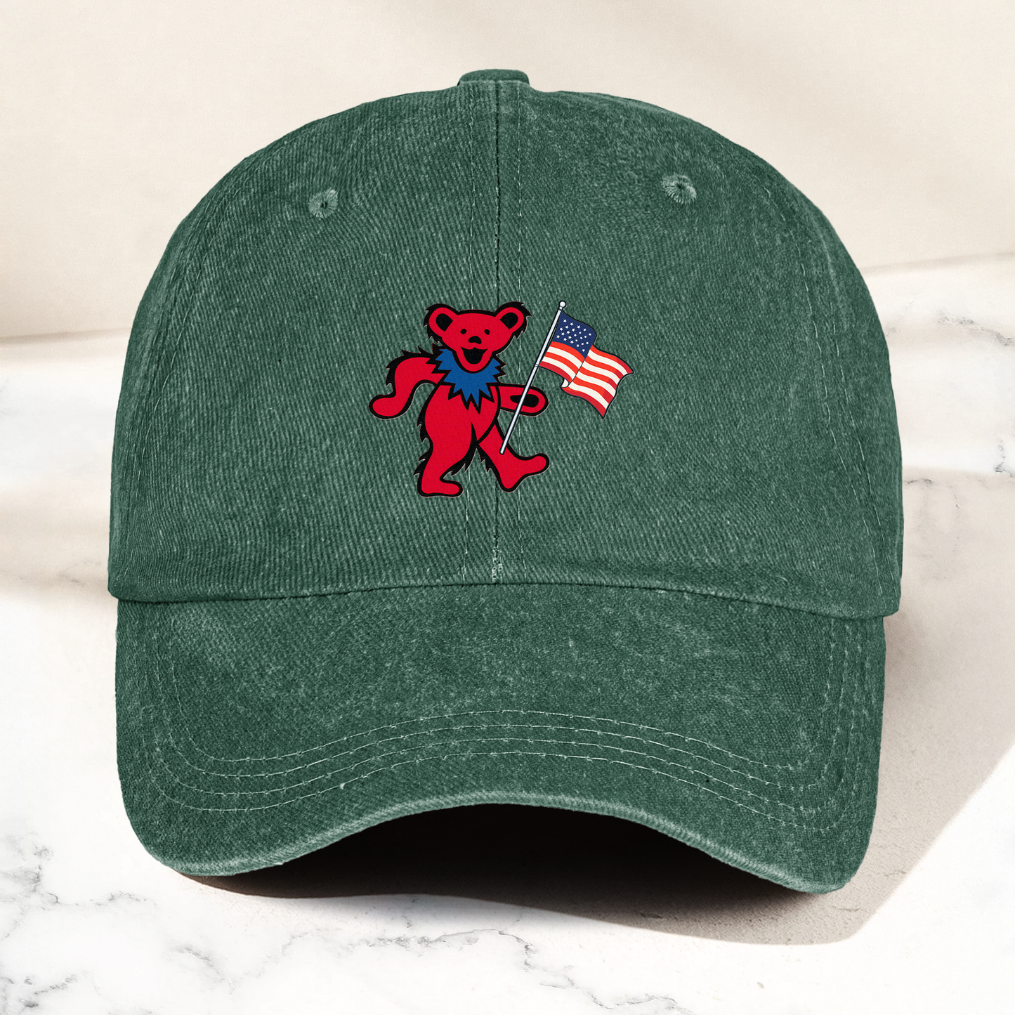 Patriotic Dancing Bear Denim Cap – Retro USA Flag Dad Hat (With Box)