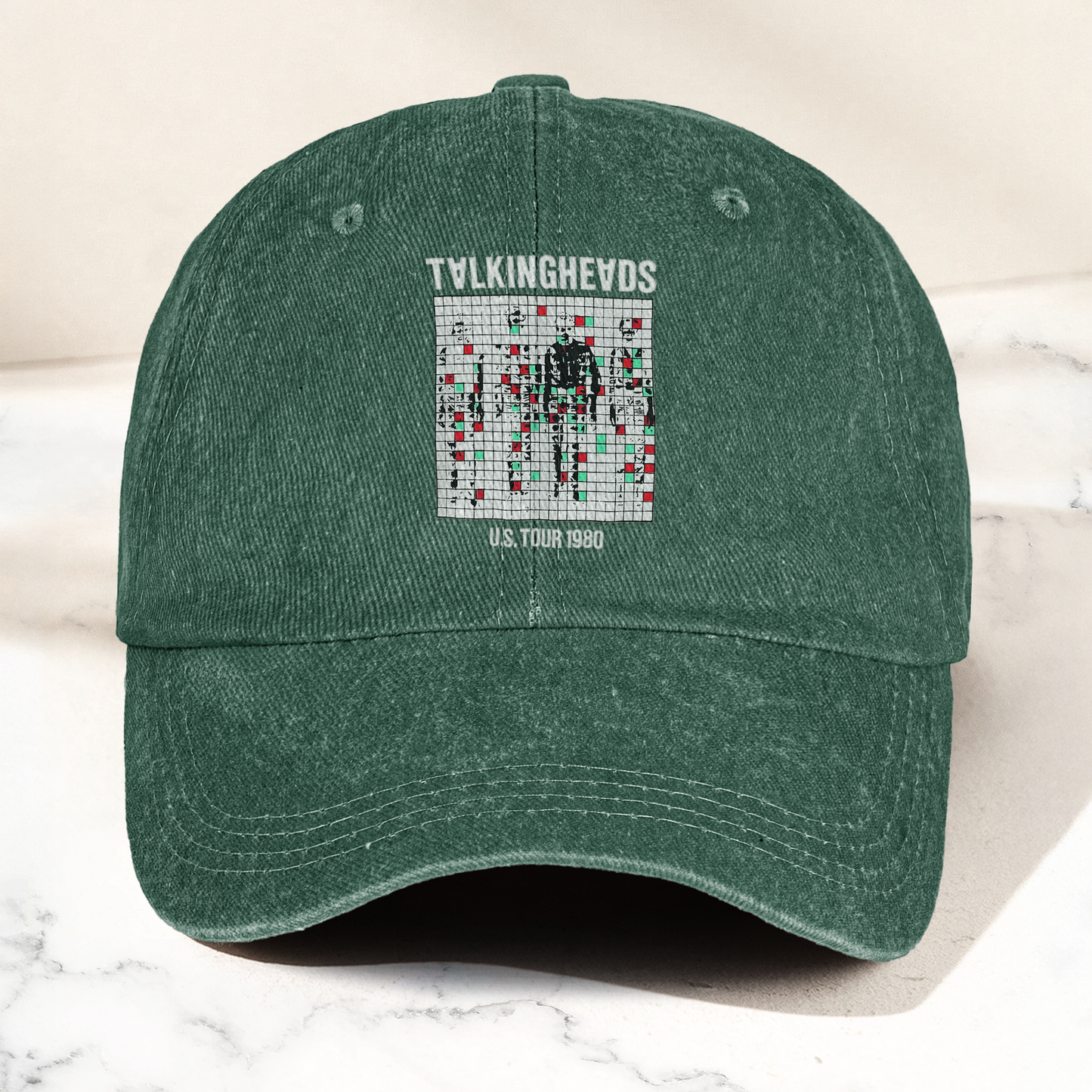 Talking Heads US Tour 1980 Cap – Vintage Washed Black Denim Dad Hat, Glitch Graphic Retro Band Hat (With Box)