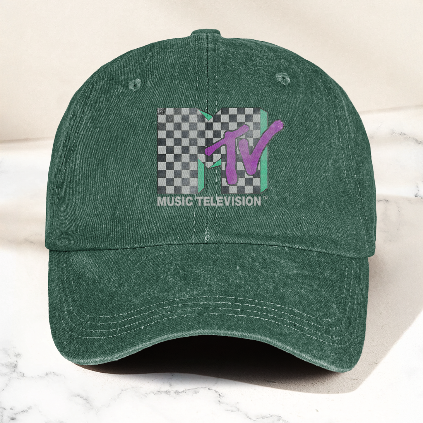 MTV Checkerboard Logo Cap – Vintage Washed Hat, Retro 80s Music Television Streetwear Hat (With Box)