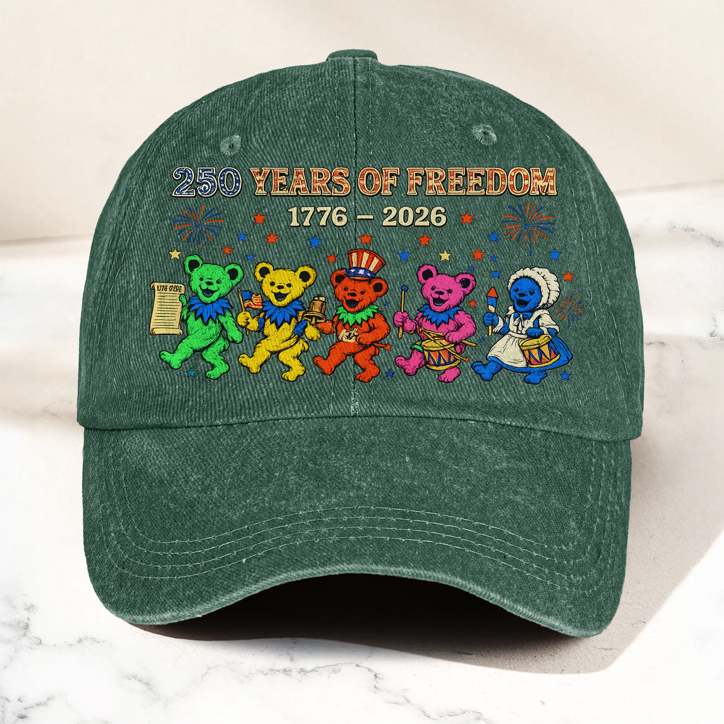Grateful Dead 250 Years Of Freedom 1776 2026 4th of July Dancing Bears Denim Cap – Retro Vintage Dad Cap Gift For Dad (With Box)