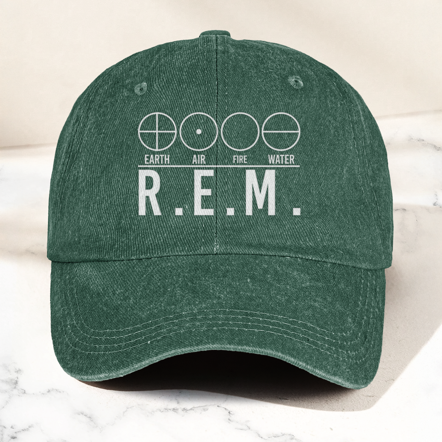 R.E.M Elements Logo Cap – Vintage Washed Black Denim Dad Hat, Earth Air Fire Water Minimalist Band Hat (With Box)