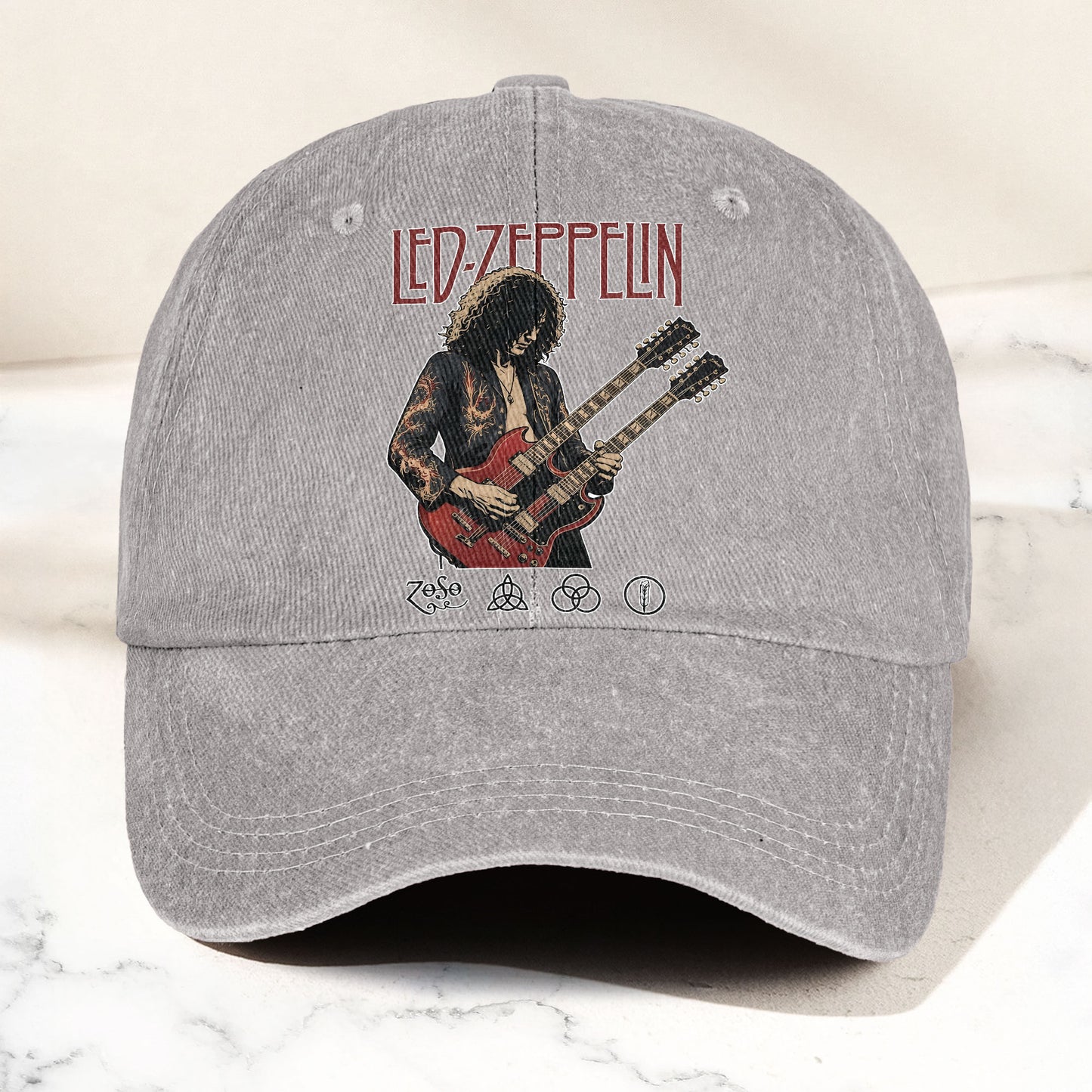 Led Zeppelin Jimmy Page Double Neck Guitar Zoso Music Merch Denim Cap – Retro Vintage Dad Cap Gift For Dad (With Box)