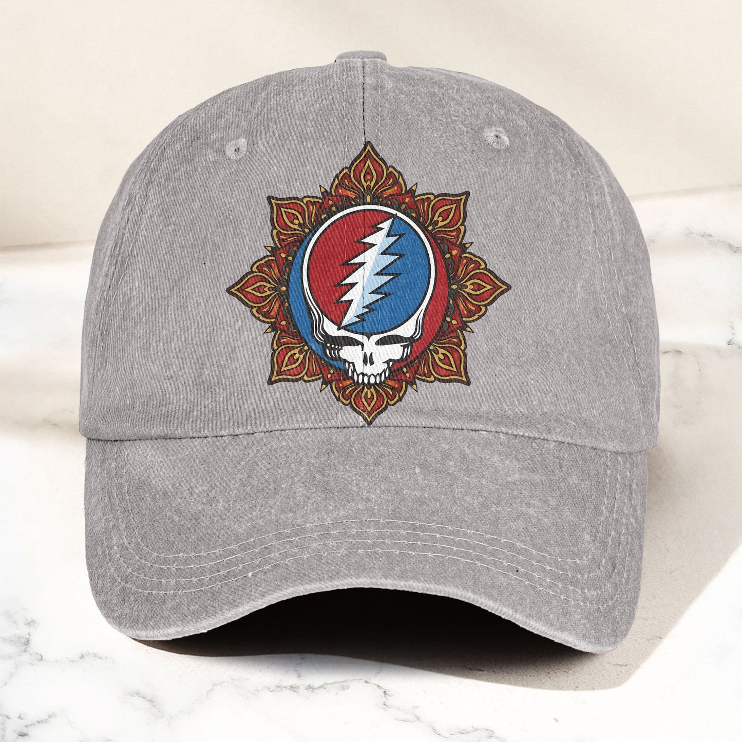 Grateful Dead Steal Your Face Mandala Lightning Skull Denim Cap – Retro Vintage Dad Cap Gift For Dad (With Box)