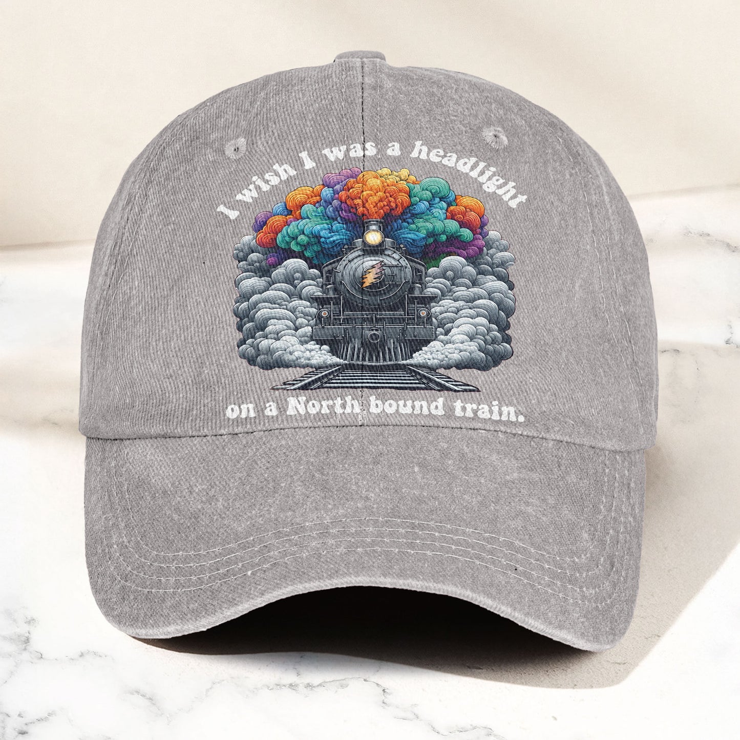 Grateful Dead I Know You Rider Headlight North Bound Train Denim Cap – Retro Vintage Dad Cap Gift For Dad (With Box)
