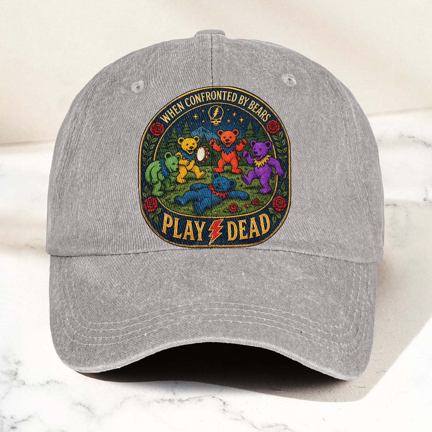 Grateful Dead When Confronted By Bears Dancing Bears Denim Cap – Retro Vintage Dad Cap Gift For Dad (With Box)