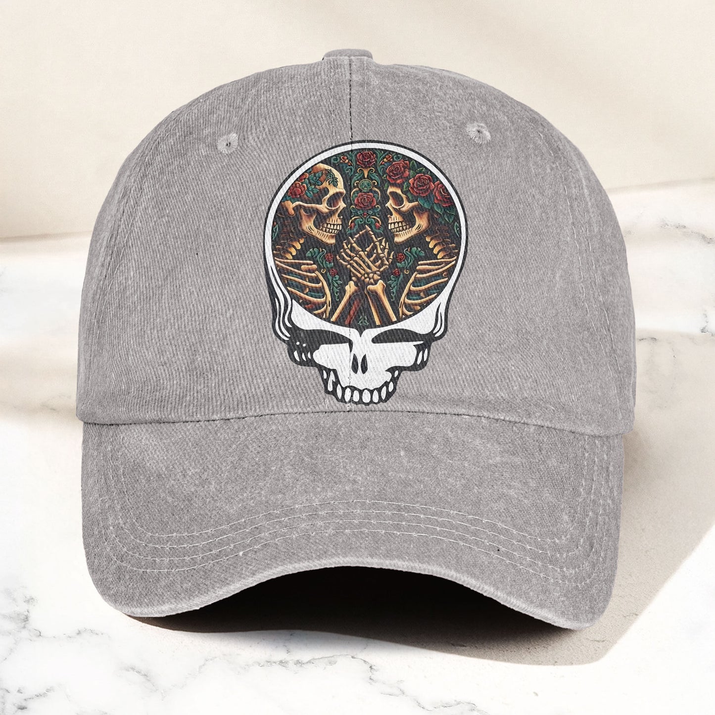 Grateful Dead Lovers Skeletons Steal Your Face Music Merch Denim Cap – Retro Vintage Dad Cap Gift For Dad (With Box)