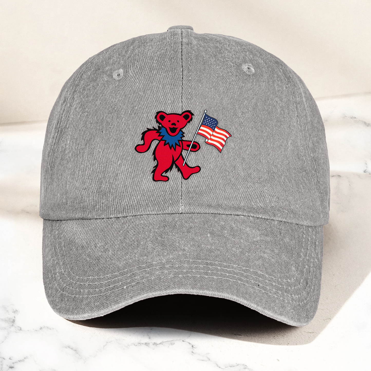 Patriotic Dancing Bear Denim Cap – Retro USA Flag Dad Hat (With Box)