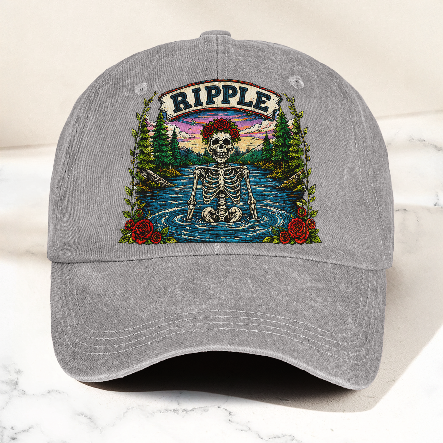 Grateful Dead Ripple Lyrics Skeleton River Nature Denim Cap – Retro Vintage Dad Cap Gift For Dad (With Box)