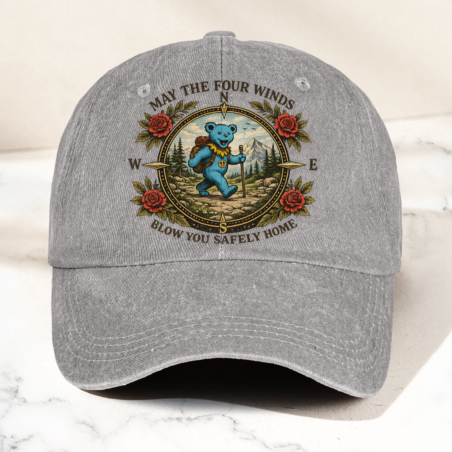 Grateful Dead Franklin's Tower May The Four Winds Blow You Safely Home Blue Dancing Bear Hiking Denim Cap – Retro Vintage Dad Cap Gift For Dad (With Box)